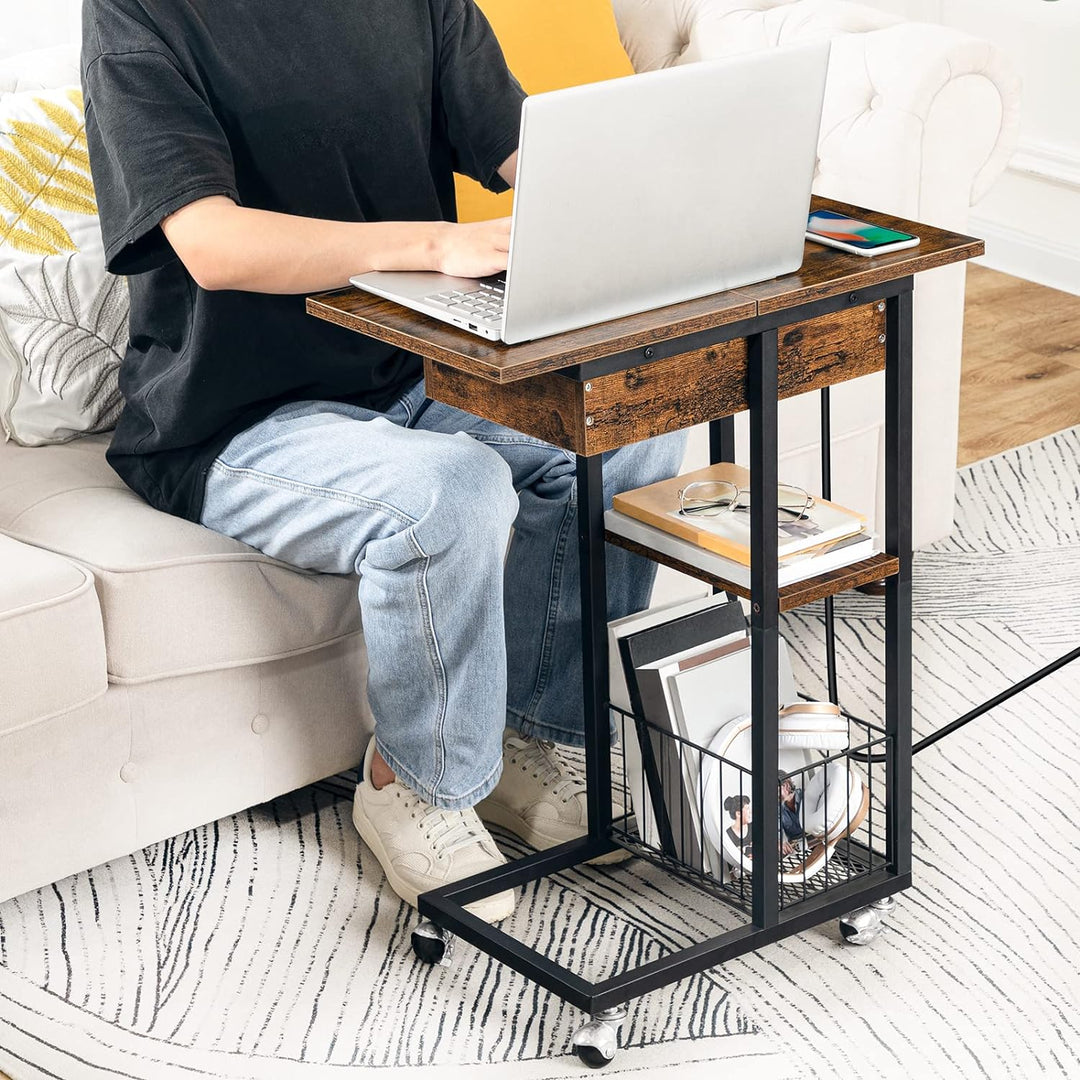 HOOBRO Beistelltisch mit Ladestation, Flip C-Form Sofatisch, Couchtisch mit Rädern und Ablagefläche,