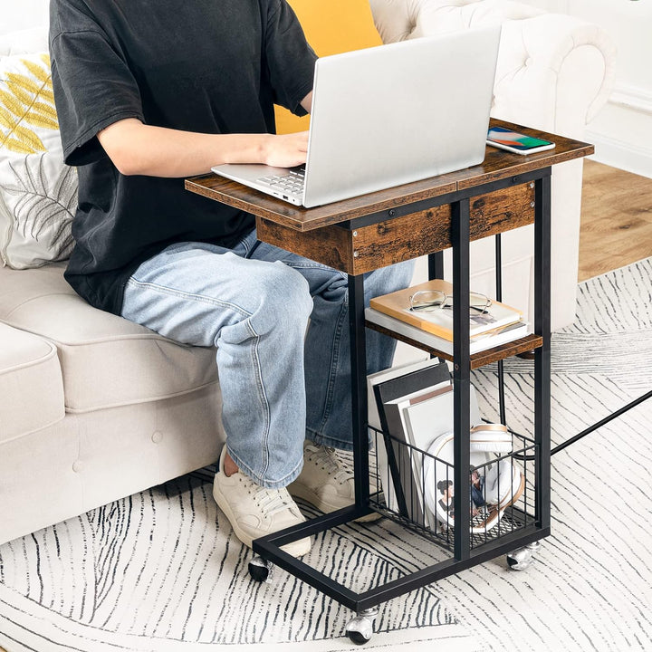 HOOBRO Beistelltisch mit Ladestation, Flip C-Form Sofatisch, Couchtisch mit Rädern und Ablagefläche,