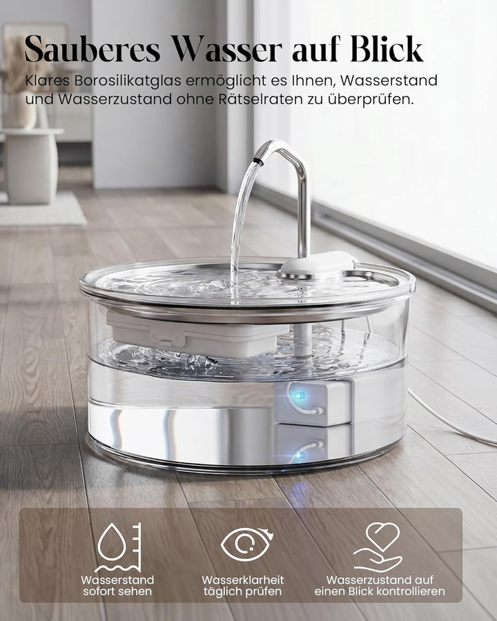 Tomxcute Trinkbrunnen für Katze - 108oz/3,2 L Katzenbrunnen aus Glas mit Wasserhahn-Design, Ultra le