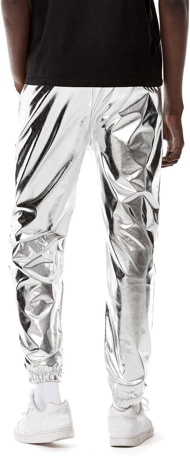 LucMatton Herren-Jogginghose, metallisch, glänzend, Disco-Party, elastische Hose S Silber, S Silber