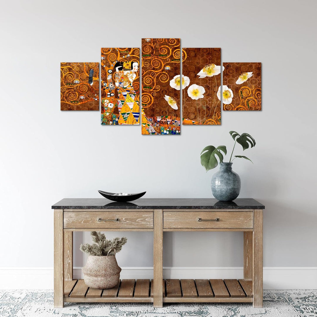 Runa Art Wandbilder Gustav Klimt 5 Teilig Bild auf Vlies Leinwand Deko Wohnzimmer Baum Frau Gold 021