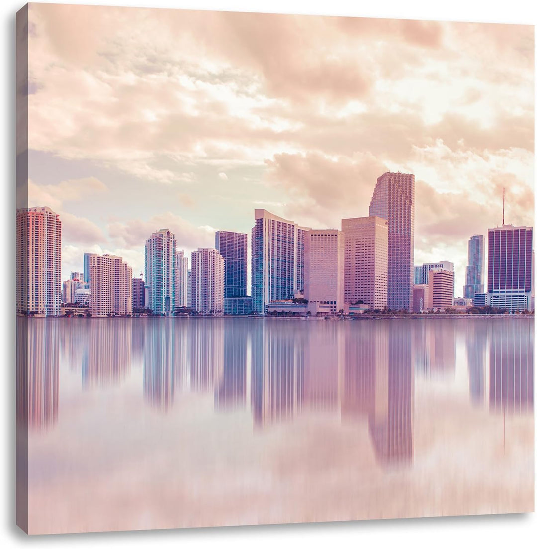 Pixxprint Miami Florida Skyline bei Sonnenuntergang, Format: 70x70 auf Leinwand, 70x70