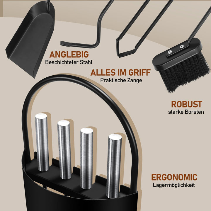 Kaminbesteck Set 4 teilig Kaminzubehör mit praktischer Kaminaufbewahrung für Küche Haushalt Wohnen W