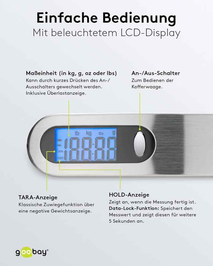 Goobay 71883 Digitale Kofferwaage Gepäckwaage mit heller LCD-Anzeige und Tara-Funktion für Gepäck bi
