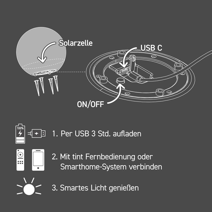 tint smarte Outdoor LED Kugel Calluna Solar, Solarleuchtkugel Ø 35 cm, weisses und farbiges Licht RG