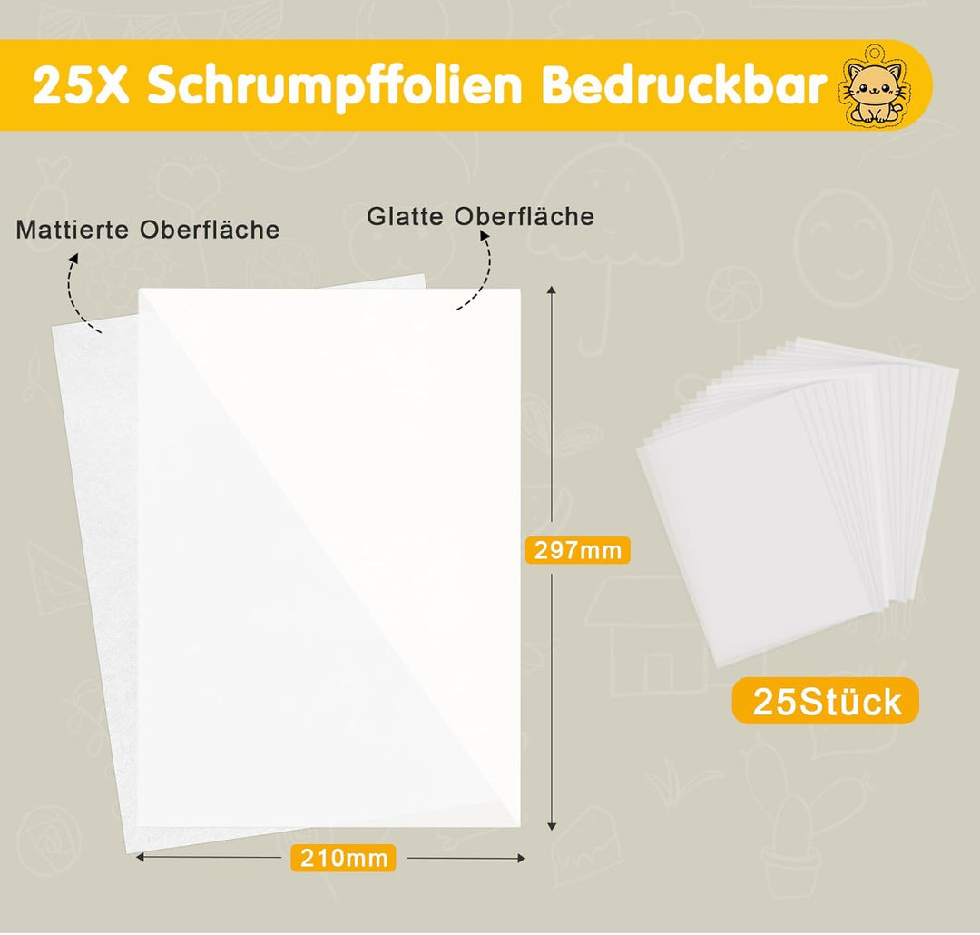Sweelov 25 Stück Schrumpffolien Bedruckbar - A4 Transparent schrumpffolienplatten - Matt Schrumpfend