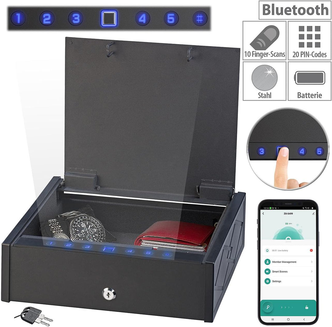 Xcase Safe: Smarter Tresor mit biometrischer Fingerabdruckerkennung, App (Safe Tresor mit Schlüssel,