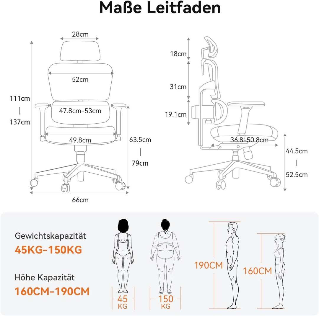 Newtral NT001 Bürostuhl Ergonomisch, Ergonomischer Schreibtischstuhl 150kg, Ergonomic Office Chair P