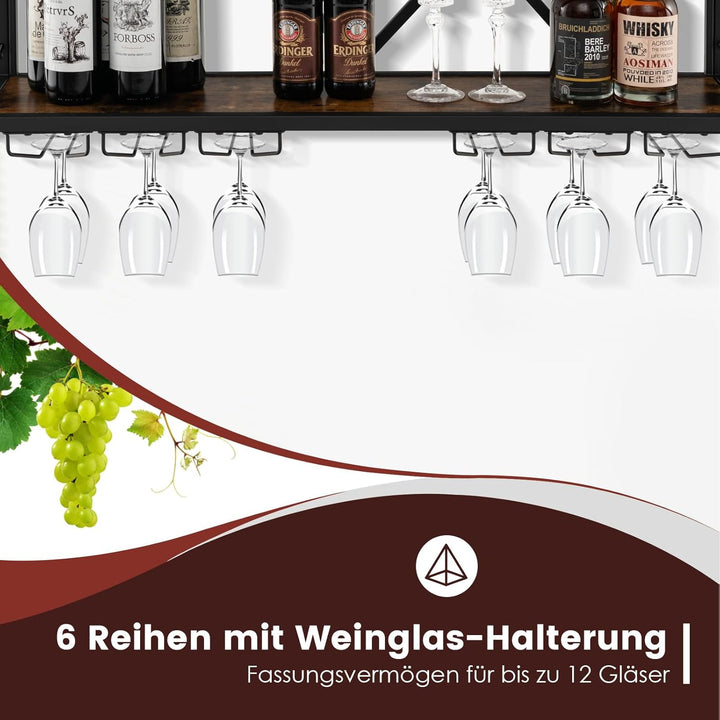 COSTWAY Weinregal Wand, 2 Ebenen Flaschenregal Holz mit Metallrahmen, mit 6 Reihen Weingläserhalter,