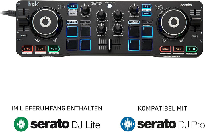 Hercules DJControl Starlight - Tragbarer 2-Deck DJ-USB-Controller mit 8 Pads, Serato DJ Lite Softwar