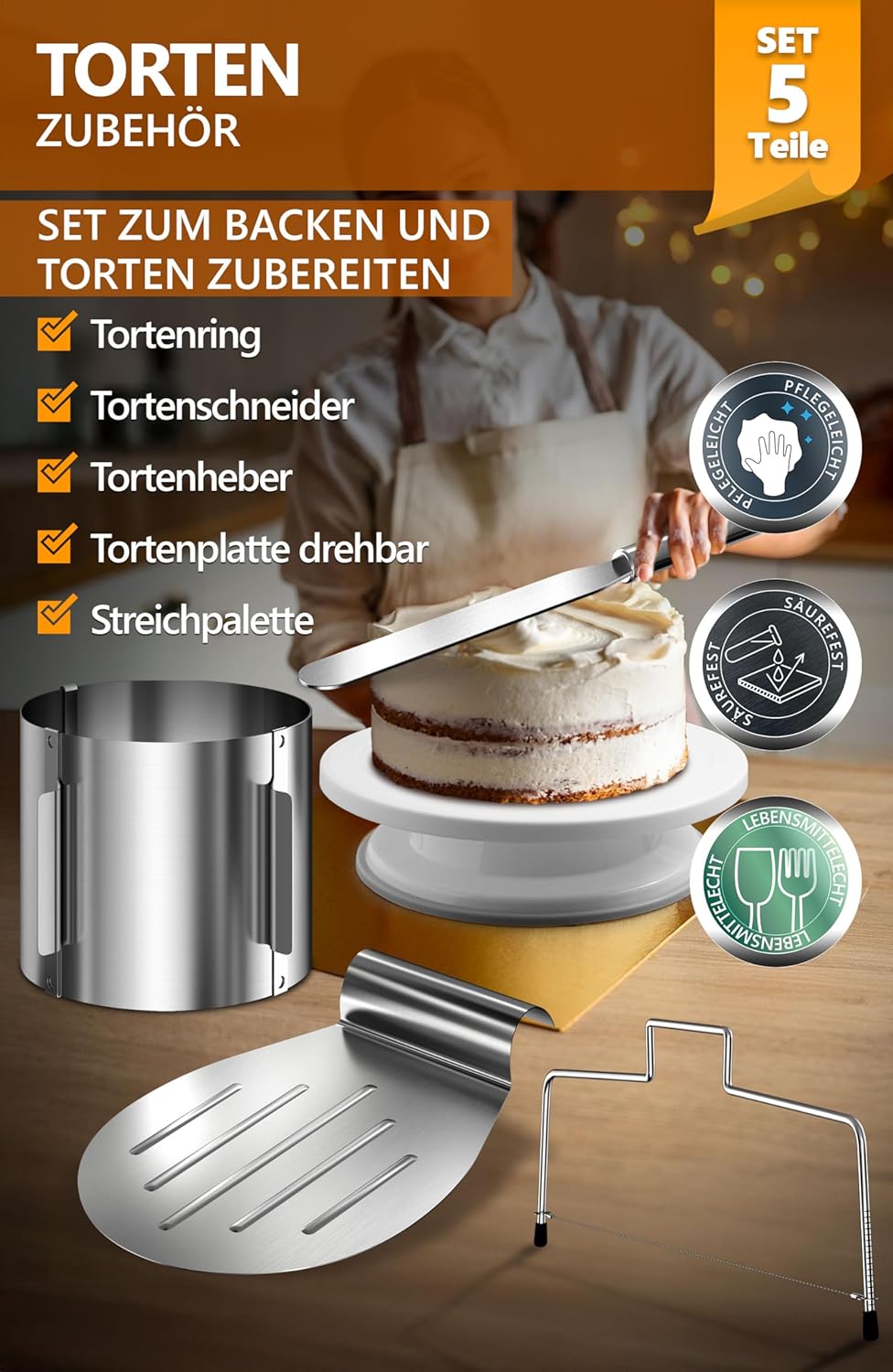 4smile 5 Teile Torten-Zubehör Set mit Tortenring verstellbar hoch 15 cm + Tortenschneider, Tortenheb