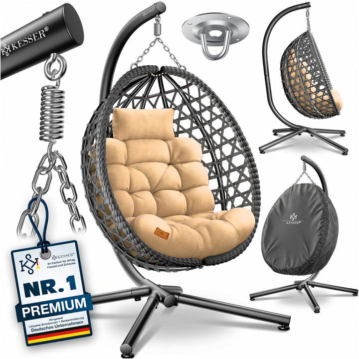 KESSER® Hängesessel mit Gestell Outdoor Indoor Schaukelstuhl Polyrattan 360° 150kg Tragkraft inkl. P