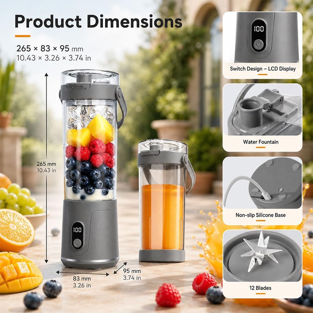 600ml Tragbarer Mixer Smoothie Maker to Go,USB-C Wiederaufladbarer Blender | Mini Standmixer mit LED