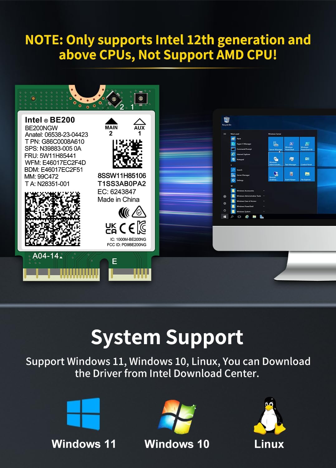 NICGIGA WiFi 7 Wireless Card Intel BE200 NGW, Bluetooth 5.4, 5800Mbps M.2/NGFF Network Support Windo