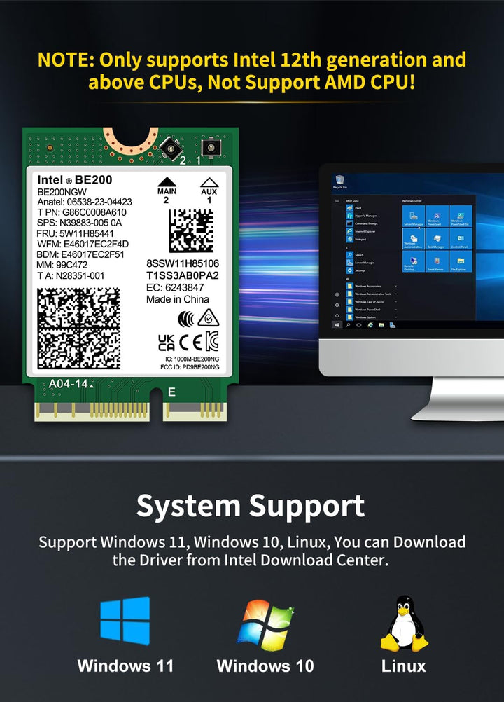 NICGIGA WiFi 7 Wireless Card Intel BE200 NGW, Bluetooth 5.4, 5800Mbps M.2/NGFF Network Support Windo