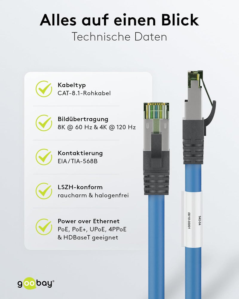 Goobay 55119 RJ45 Patchkabel mit CAT 8.1 S/FTP Rohkabel / RJ45 Stecker / 8K Gaming PS5 Playstation 5