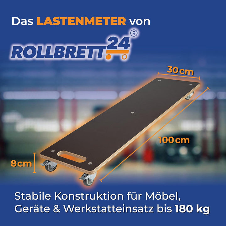 Lastenmeter – Transportroller 100x30 cm – 180 kg Traglast – 5 kugelgelagerte 360° Rollen, 2 mit Fest