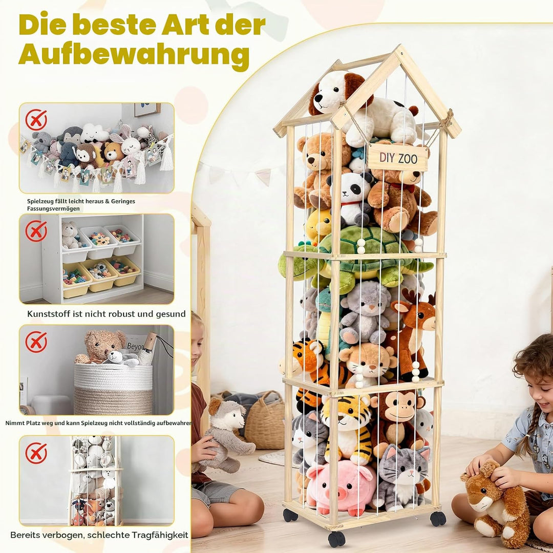 Aufbewahrung Kuscheltiere, 146x42x32CM Massivholz, 360° Drehbar und Arretierbar Plüschtier Aufbewahr