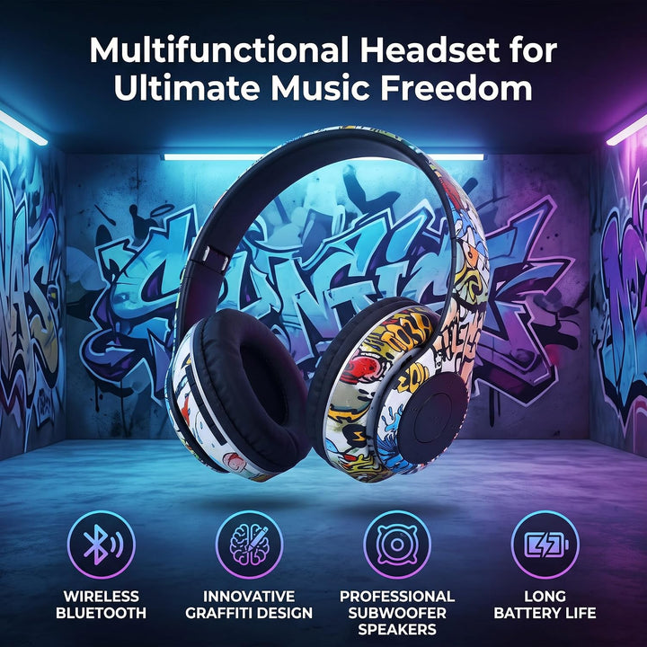 Kabellose Kopfhörer, Over-Ear, Tiefer Bass, Graffiti-Design