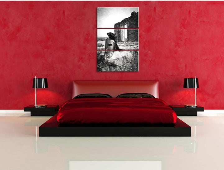 Pixxprint Sparta Helm als Leinwandbild | Grösse: 3 Teilig (120x80) | Wandbild| Kunstdruck | fertig b