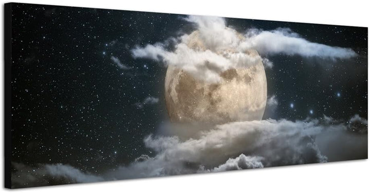 Paul Sinus Art Panoramabild auf Leinwand und Keilrahmen 120x40cm Vollmond Wolken Himmel Sterne Nacht