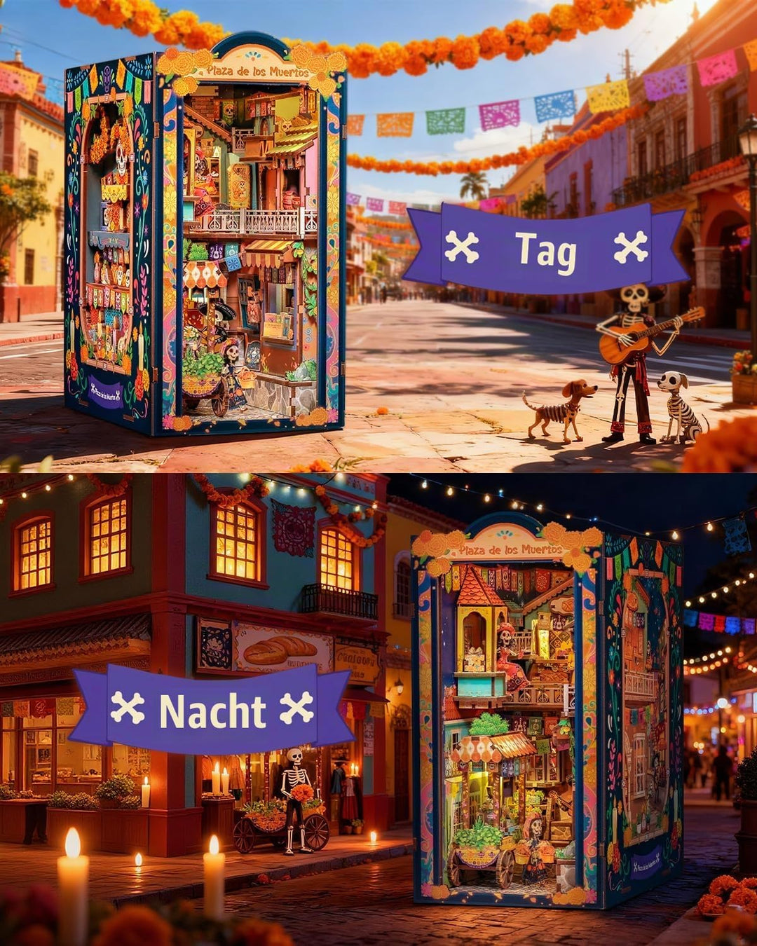 CUTEBEE Book Nook Kit - Mexikanische Festtagsstimmung DIY Puppenhaus, LED-beleuchtetes Buchregal-Dek