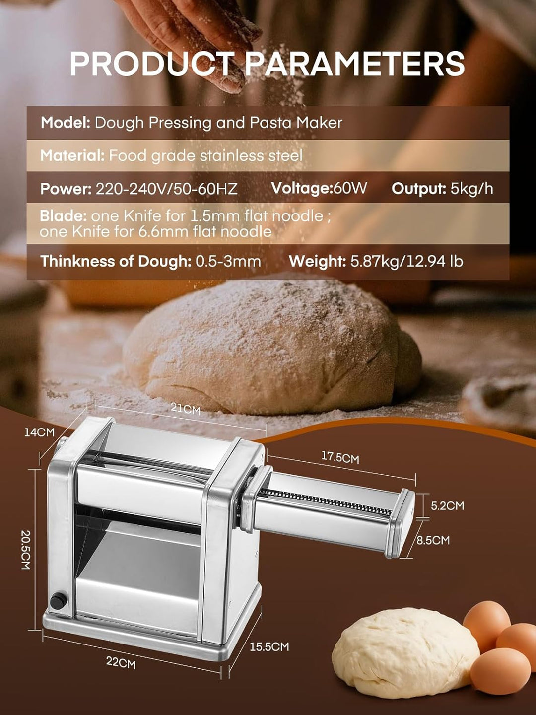 FOHERE Elektrische Nudelmaschine, Nudelhersteller mit einstellbarer Dicke für Spaghetti Fettuccine L
