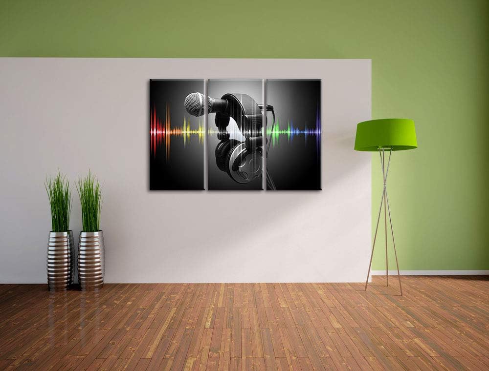 Mikrofon mit Kopfhörern auf Mikrofonständer schwarz/weiss 3-Teiler Leinwandbild 120x80 Bild auf Lein