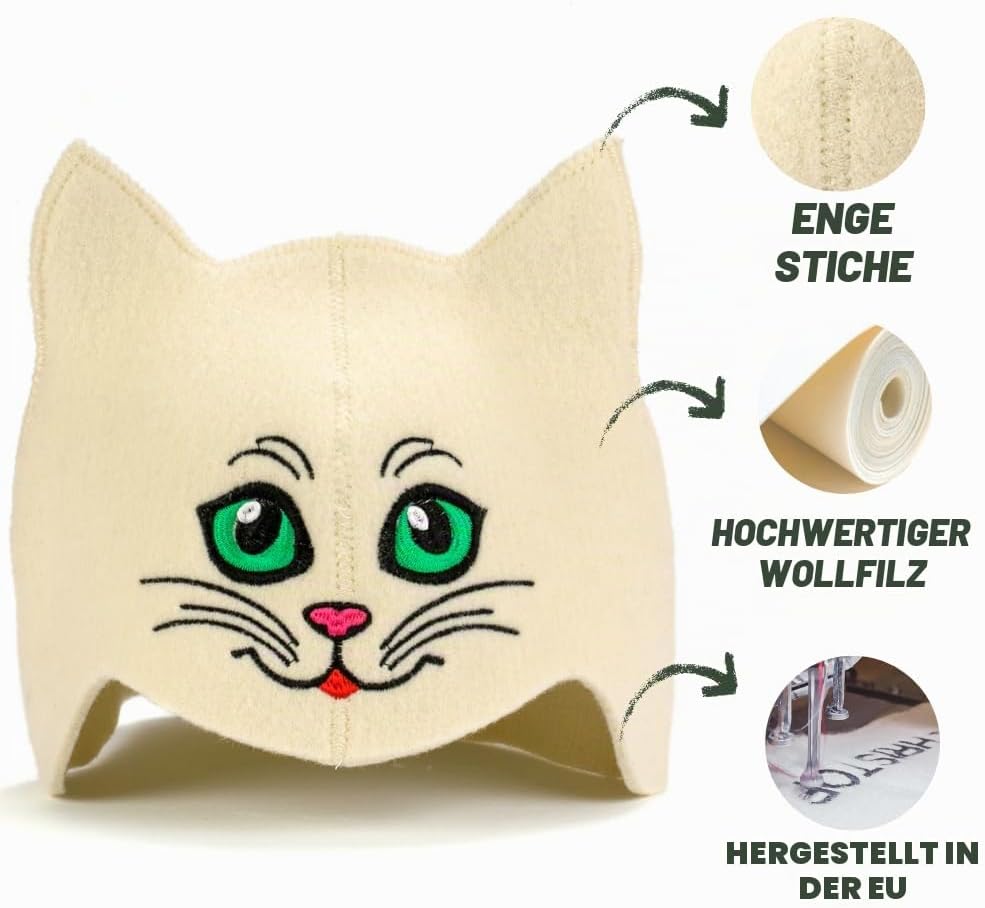 Natural Textile Saunahut "Sauna Kitten Green" weiss - 100% Bio-Wollfilzmmützen für russische Banya -