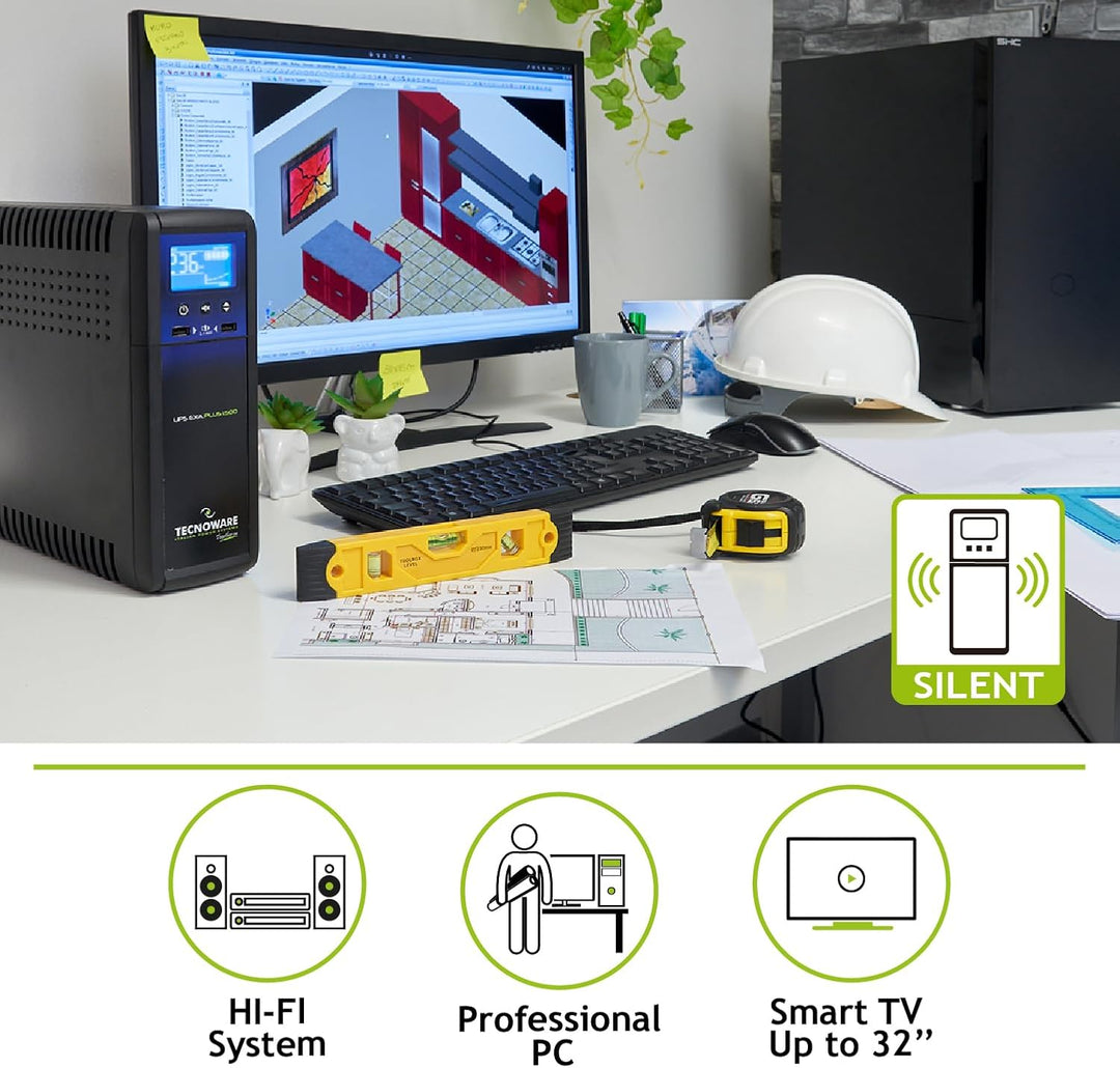 Tecnoware Power Systems - UPS EXA PLUS 1500 VA, Blackout-Schutz für PCs & Spielekonsolen, AVR-Techno