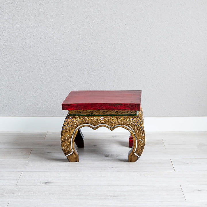 livasia Opiumtisch mit Glasmosaikverzierungen, Beistelltisch aus Holz, Nachttisch, asiatischer Hocke