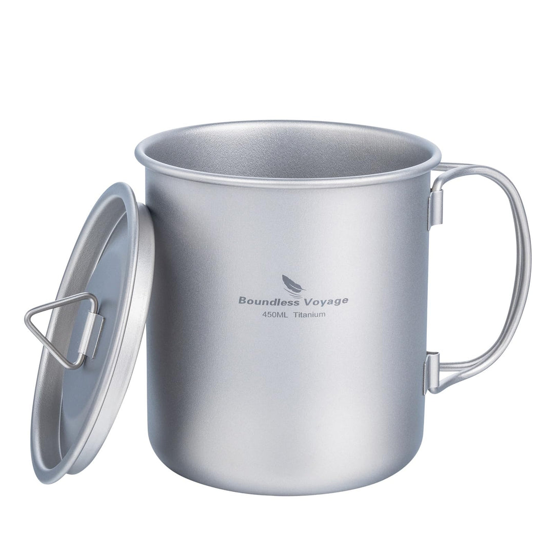 iBasingo 450ml Camping Becher Outdoor Tasse Titan Trinkbecher Mug mit Deckel & Klappgriff Ultraleich
