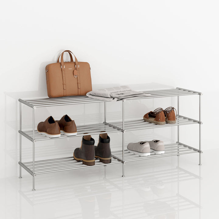 PHOS Design, SR1200-3, Schuhregal, 3 Ebenen, 120 cm breit, gebürsteter Edelstahl 3 Ebenen, Breite 12