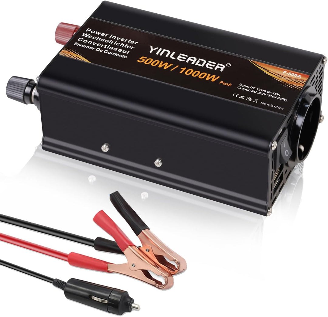 Yinleader Wechselrichter 500W DC 12V auf 230V AC und 1 EU Steckdose 2 USB KFZ-Spannungswandler, 500W