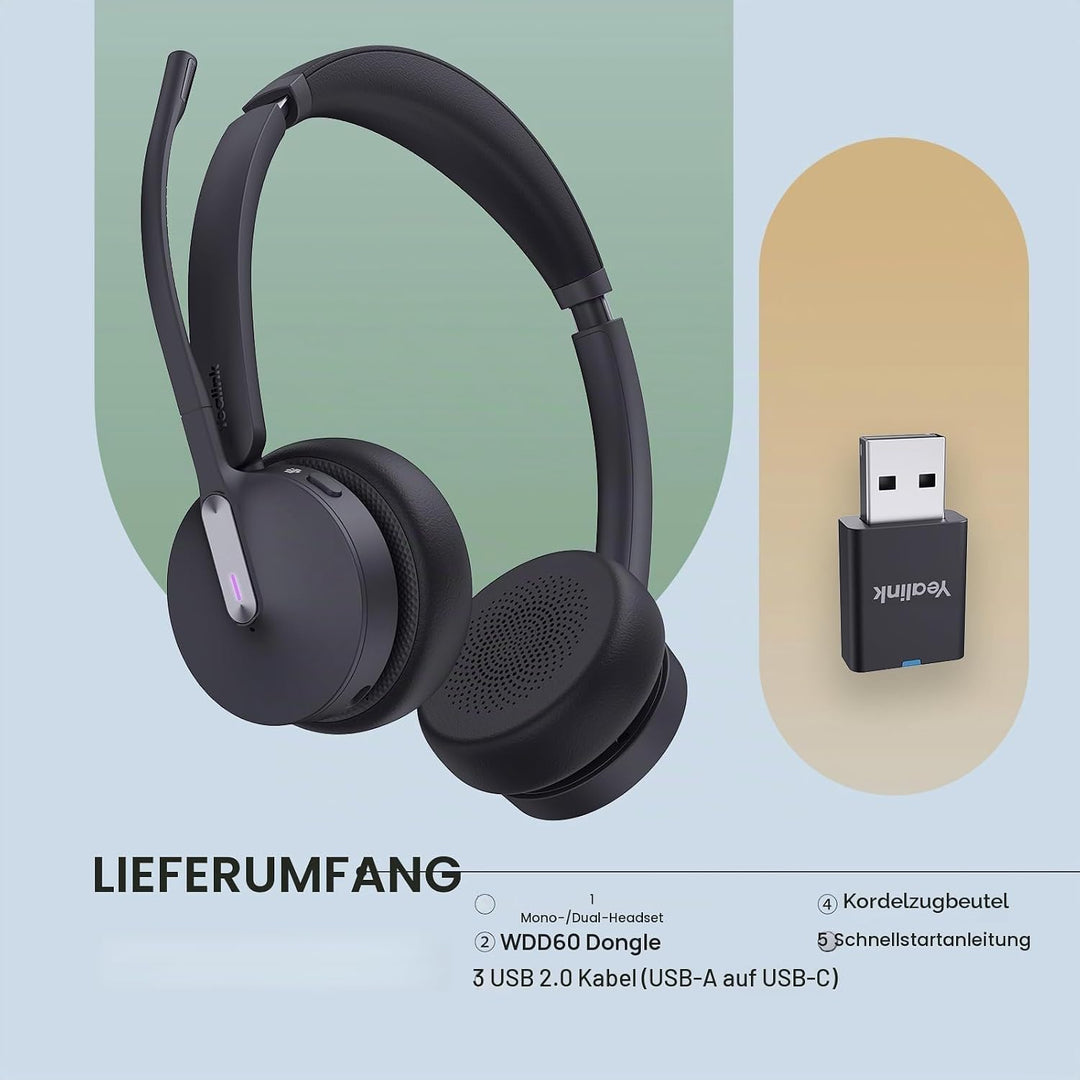 Yealink WH64 Hybrid DECT & Bluetooth Kabelloses Headset mit 3 Mikrofon für die Arbeit mit Dongle, 49