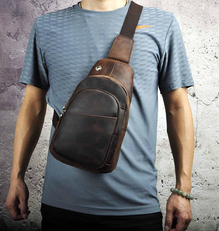 Le’aokuu Herren Echtes Leder Hüfttasche Brusttasche Bauchtsche Crossbody Bag Sling Bag Schultertsche