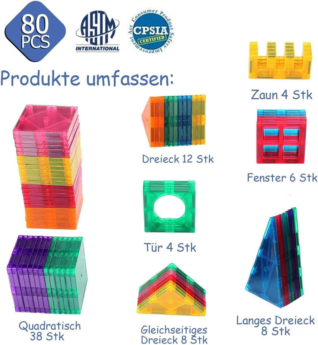 Magnetische Bausteine 80 Teile Magnetspielzeug Magnete Bauklötze Baukasten Kinder Magnetbausteine Pe