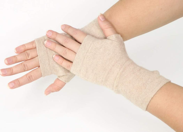 Kaschmir-Wolle Damen Pulswärmer fingerlose Handschuhe Hand-Stulpen 19 cm X 10 cm Hell-Beige, 19 cm X