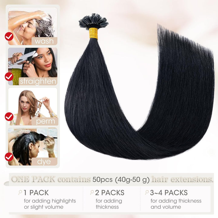 Elailite Echthaar Bonding Extensions 60cm 50g #1 Schwarz U Tip Hair Bonding Extensions Echthaar Haar
