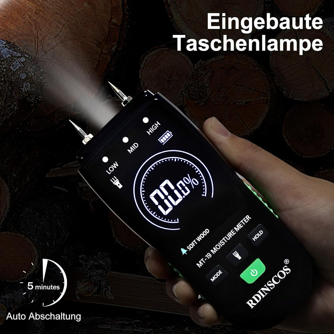 Holzfeuchtemessgerät Brennholz RDINSCOS Holz Feuchtigkeitsmesser Hold-Funktion Feuchtigkeitsmessgerä
