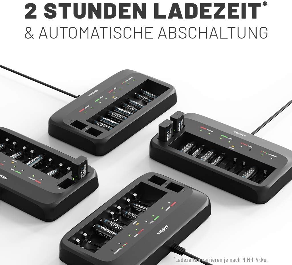 ABSINA Akku Ladegerät X10 für AA, AAA &amp; 9V - Akkuladegerät 10-Fach zum Laden von wiederaufladbaren A
