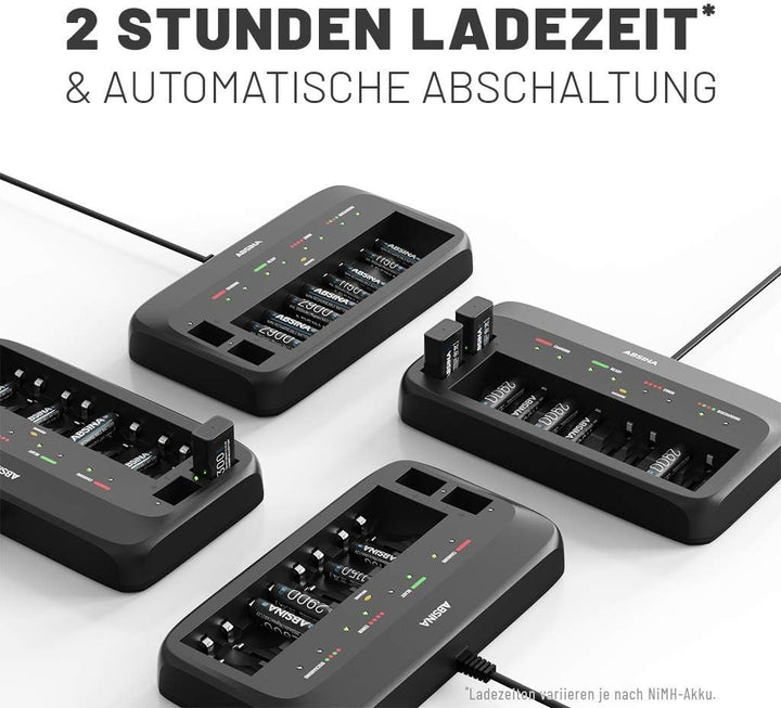 ABSINA Akku Ladegerät X10 für AA, AAA &amp; 9V - Akkuladegerät 10-Fach zum Laden von wiederaufladbaren A