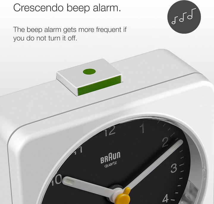 Braun Classic Analog Alarm Clock with Snooze and Light, Quiet Quartz Sweeping Movement, Crescendo Be