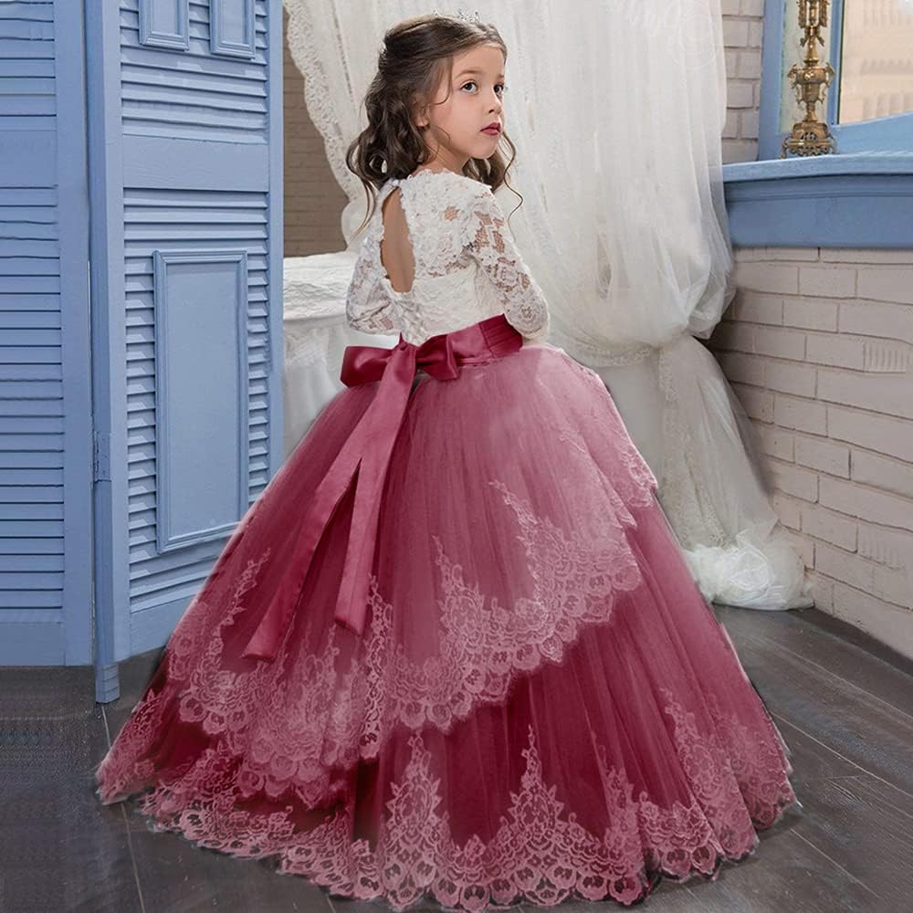 PLWEDDING Spitze Lange Ärmel Blumenmädchen Kleid Prinzessin Tüll Kleid für Kinder Erstkommunion Klei