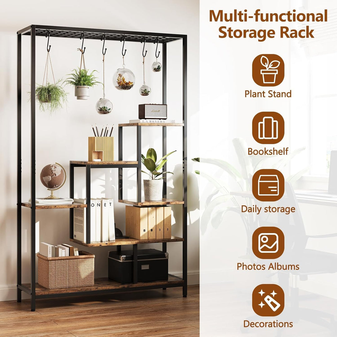 Indoor Pflanzenständer, 5 Etage 180 cm, Grosses Metall Pflanzenregal mit Haken zum Aufhängen, Multif