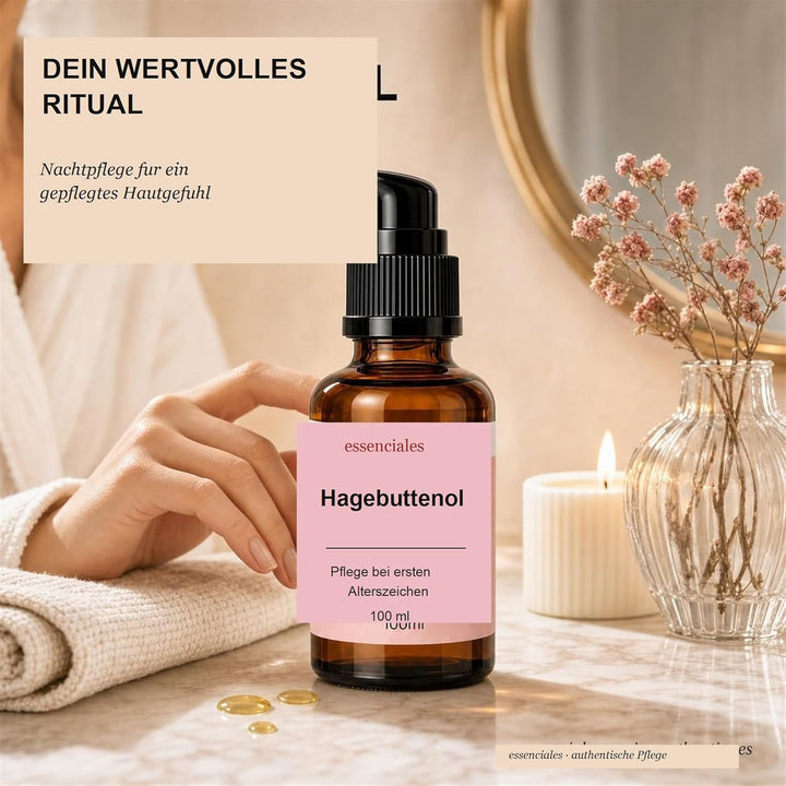 Essenciales Hagebuttenöl 100 ml | Wildrosenöl Pflegeöl für Gesicht & Körper | Kaltgepresst, Vegan |