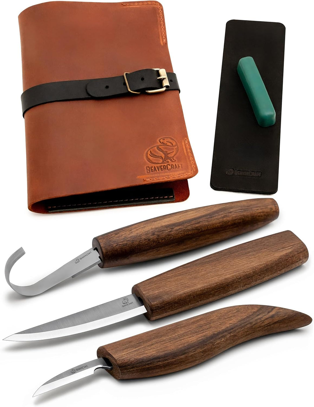 BeaverCraft Deluxe S13X Holzschnitzmesser-Set zum Holzschnitzen 3 Messer in einer Ledertasche mit Po