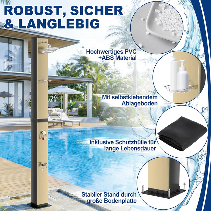 AufuN Solardusche Gartendusche 40L mit Chrom & Edelstahl, Warmwasser bis 60°C ohne Strom, 15cm Dusch