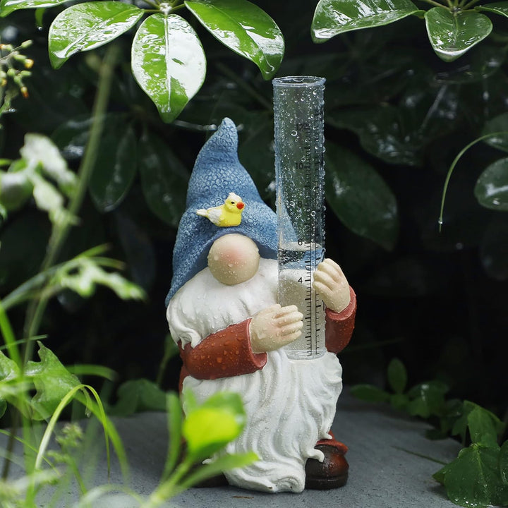FORUP Zwerg Regenmesser aus Harz, Gartenzwerg mit einem Regenmesser aus Kunststoff, handbemalt, Wich