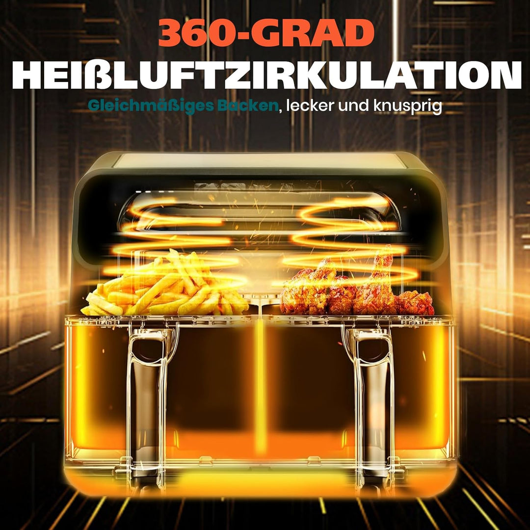 Dual Zone 9L-802TS Heissluftfritteuse, XXL Doppelkammer 2200W Heissluftfritteuse mit Trennwand, LED